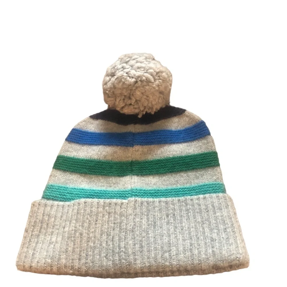 Crewcuts Boys Pom Pom Beanie Hat S~M Gray Stripes Lambswool Blends Stocking Cap